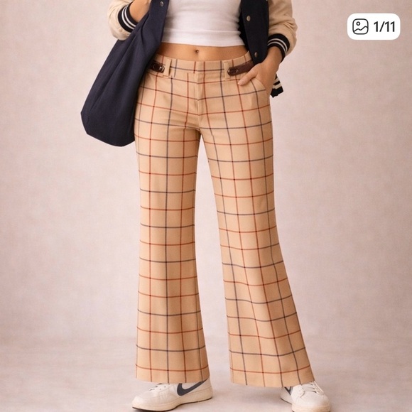 Vintage Pants - Vintage Y2K Women’s Trouser Pants Beige/tan/navy plaid Flare High rise size 8